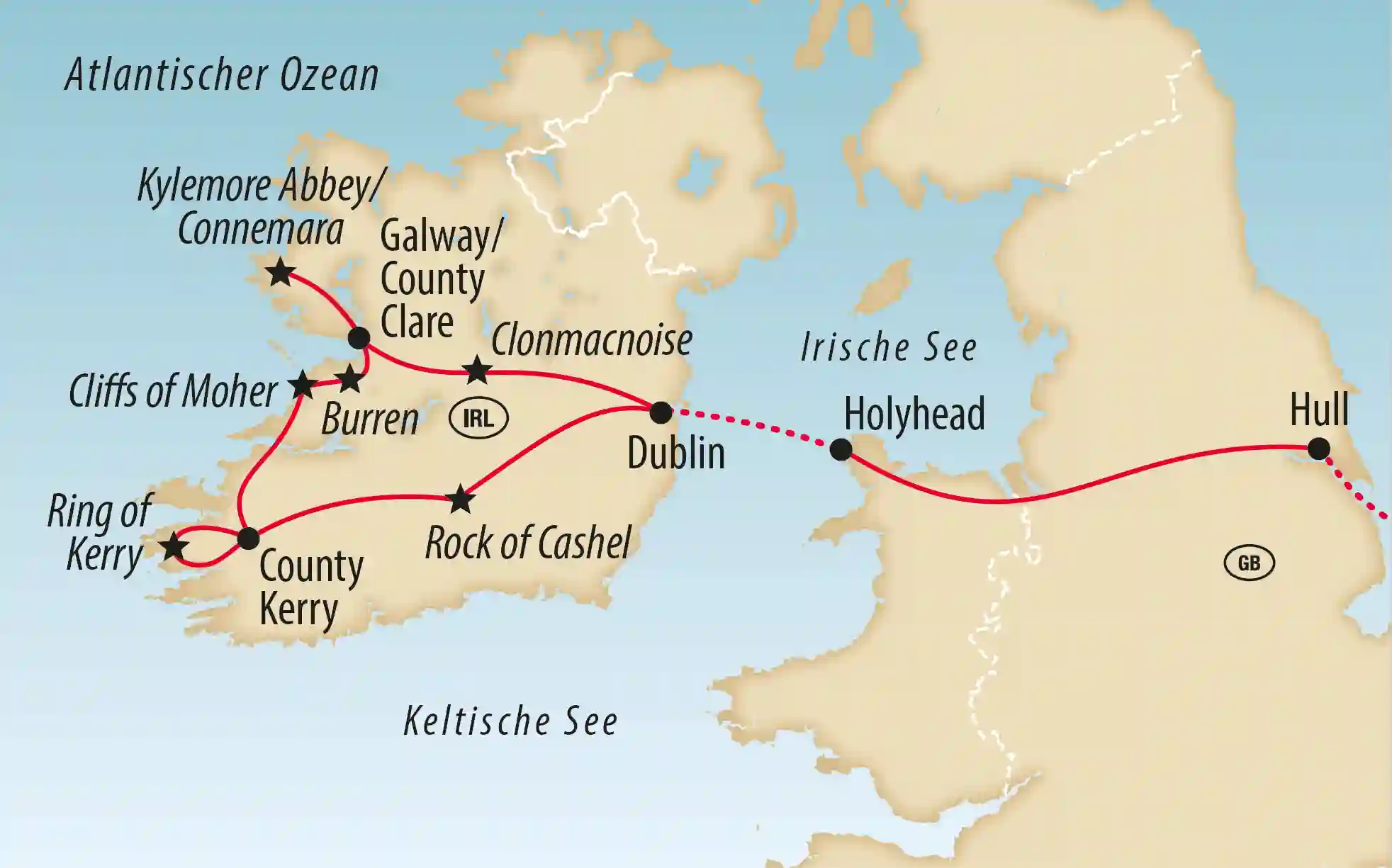 Übersichtskarte einer Rundreise durch Irland und Grossbritannien mit markierten Stationen