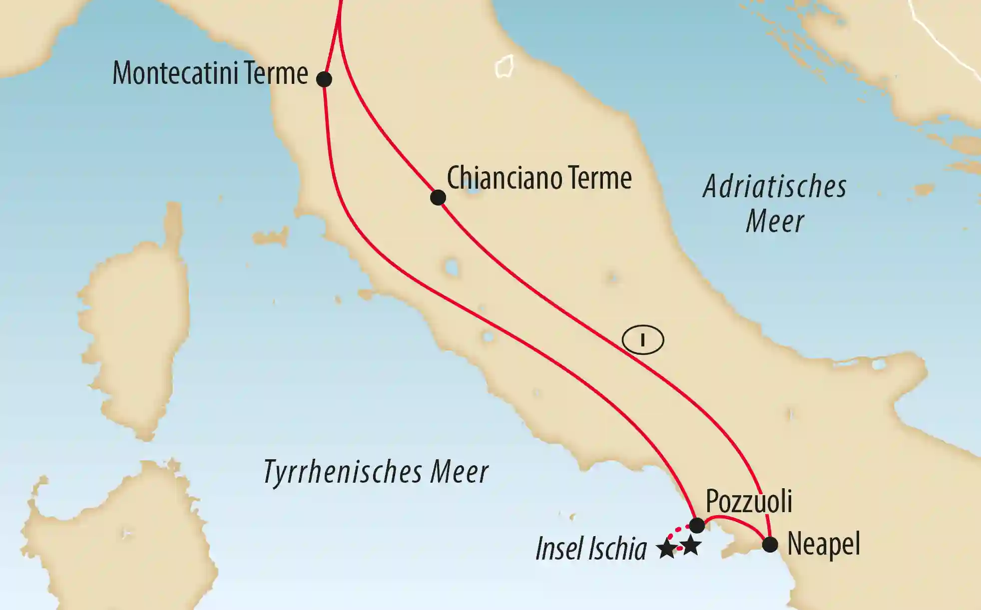 Karte von Italien mit Reiseroute von Montecatini Terme und Chianciano Terme nach Neapel sowie Verbindung zur Insel Ischia.
