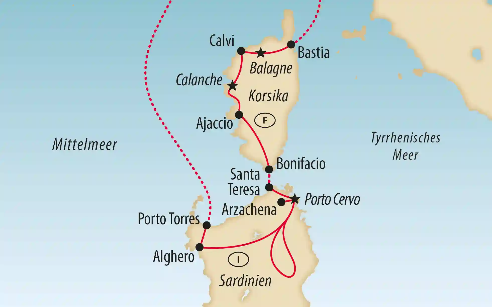 Karte von Korsika und Sardinien mit eingezeichneter Reiseroute entlang der Küste, markierten Orten wie Calvi, Bastia, Ajaccio, Bonifacio, Alghero und Porto Cervo sowie dem Mittelmeer und Tyrrhenischen Meer