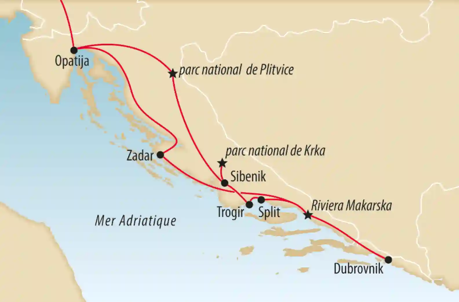 Carte de la Croatie montrant un itineraire de voyage le long de la cote adriatique de Opatija a Dubrovnik avec Zadar Split et les parcs nationaux de Plitvice et Krka