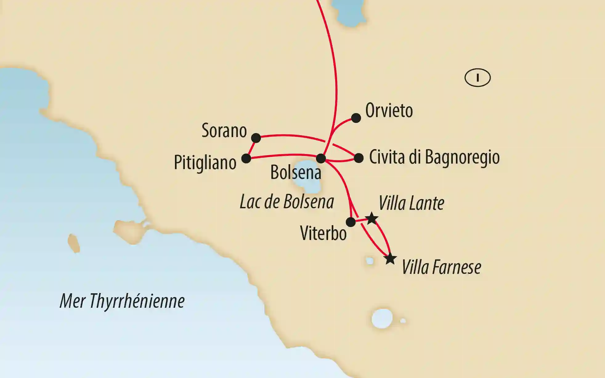 Carte de l Italie centrale montrant un itineraire entre Orvieto Bolsena Civita di Bagnoregio et la Villa Farnese