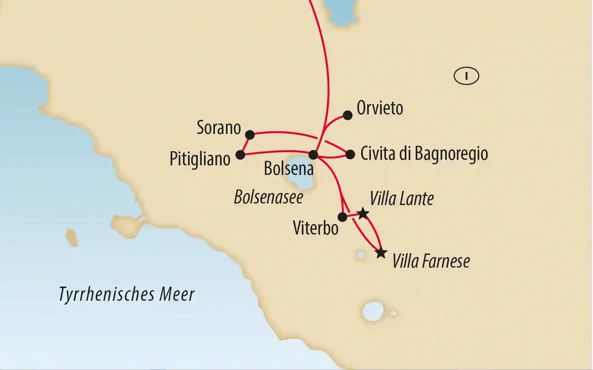 Karte von Mittelitalien mit eingezeichneter Route zwischen Orvieto Bolsena Civita di Bagnoregio und Villa Farnese
