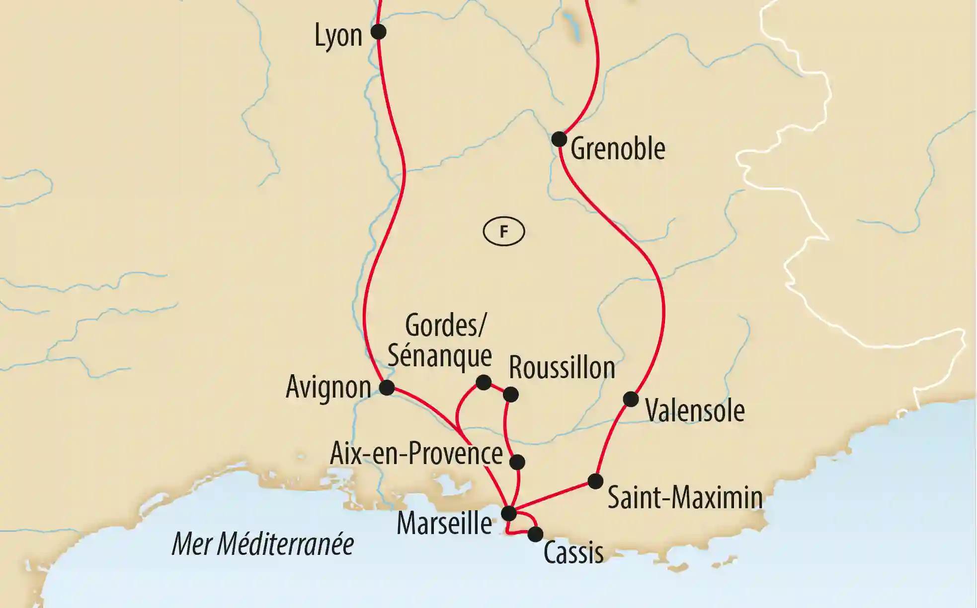 Carte de la Provence montrant un itinéraire de voyage passant par Lyon, Avignon, Aix en Provence, Gordes, Marseille et Cassis