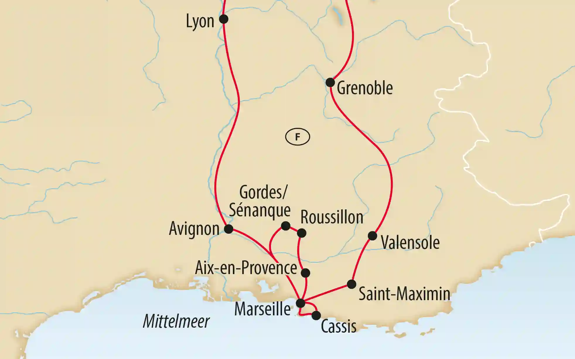 Übersichtskarte der Provence mit Reiseroute über Lyon, Avignon, Aix en Provence, Gordes, Marseille und Cassis