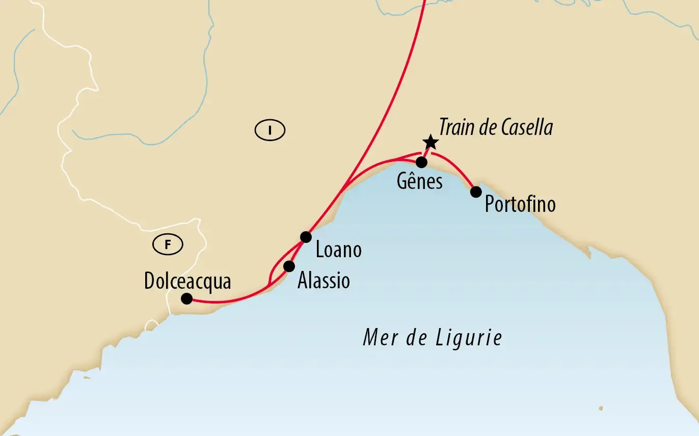 Carte de l’itinéraire le long de la côte ligure via Dolceacqua, Alassio, Loano, Gênes et Portofino