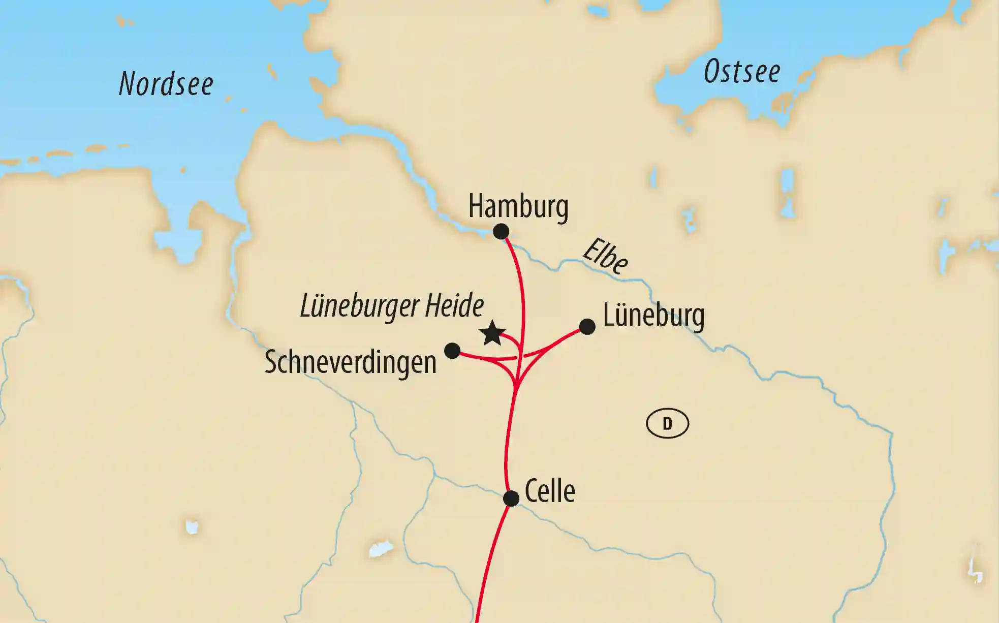 Übersichtskarte der Lüneburger Heide mit Reiseroute zwischen Hamburg, Celle, Lüneburg und Schneverdingen