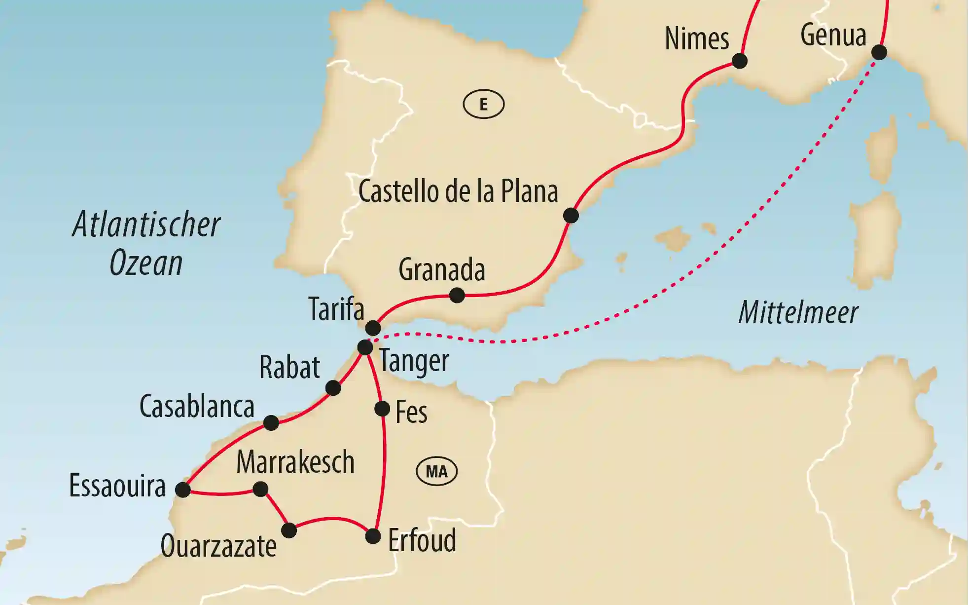 Karte mit Reiseroute durch Südspanien und Marokko, markierte Orte und gestrichelte Verbindung über das Meer.