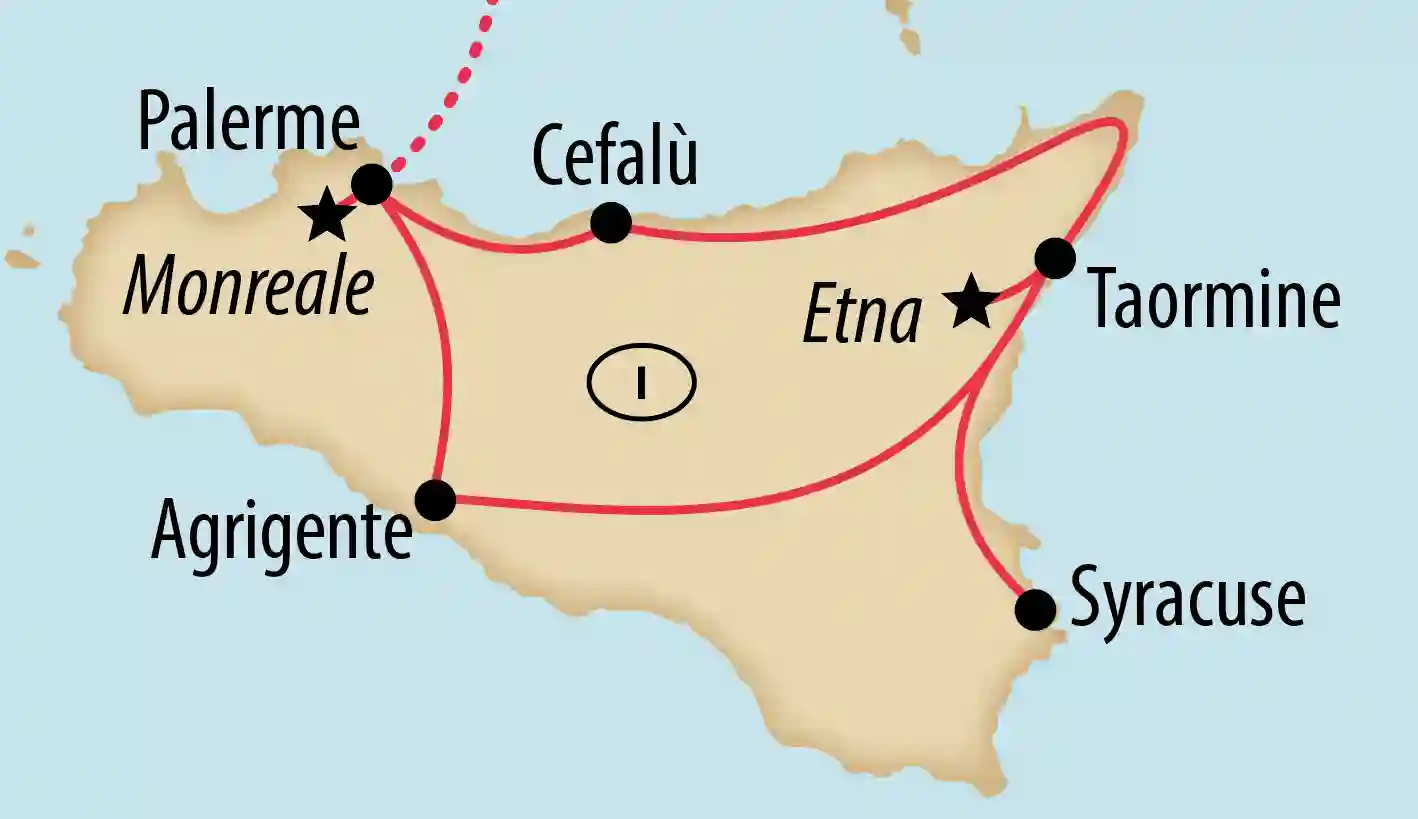 Carte de la Sicile avec villes nommées et itinéraire de voyage tracé