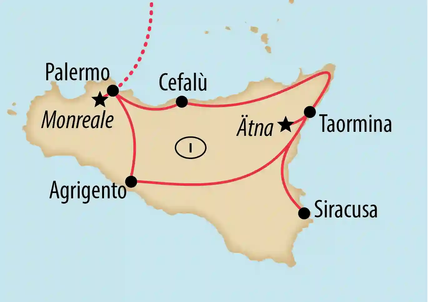 Karte von Sizilien mit eingezeichneter Reiseroute und markierten Orten wie Palermo, Cefalu und Ätna