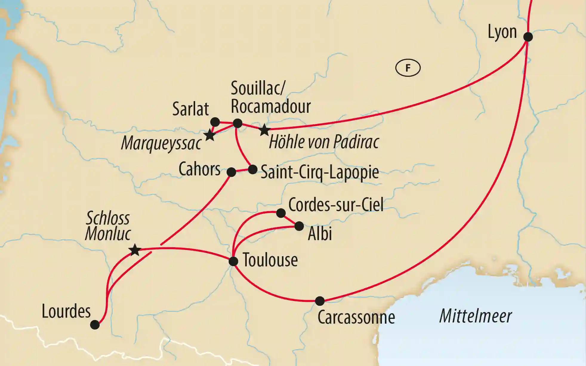 Übersichtskarte einer Rundreise durch Südfrankreich mit Stationen wie Lyon, Toulouse, Carcassonne, Albi, Cahors, Rocamadour und Lourdes; rote Linien markieren die Reiseroute.