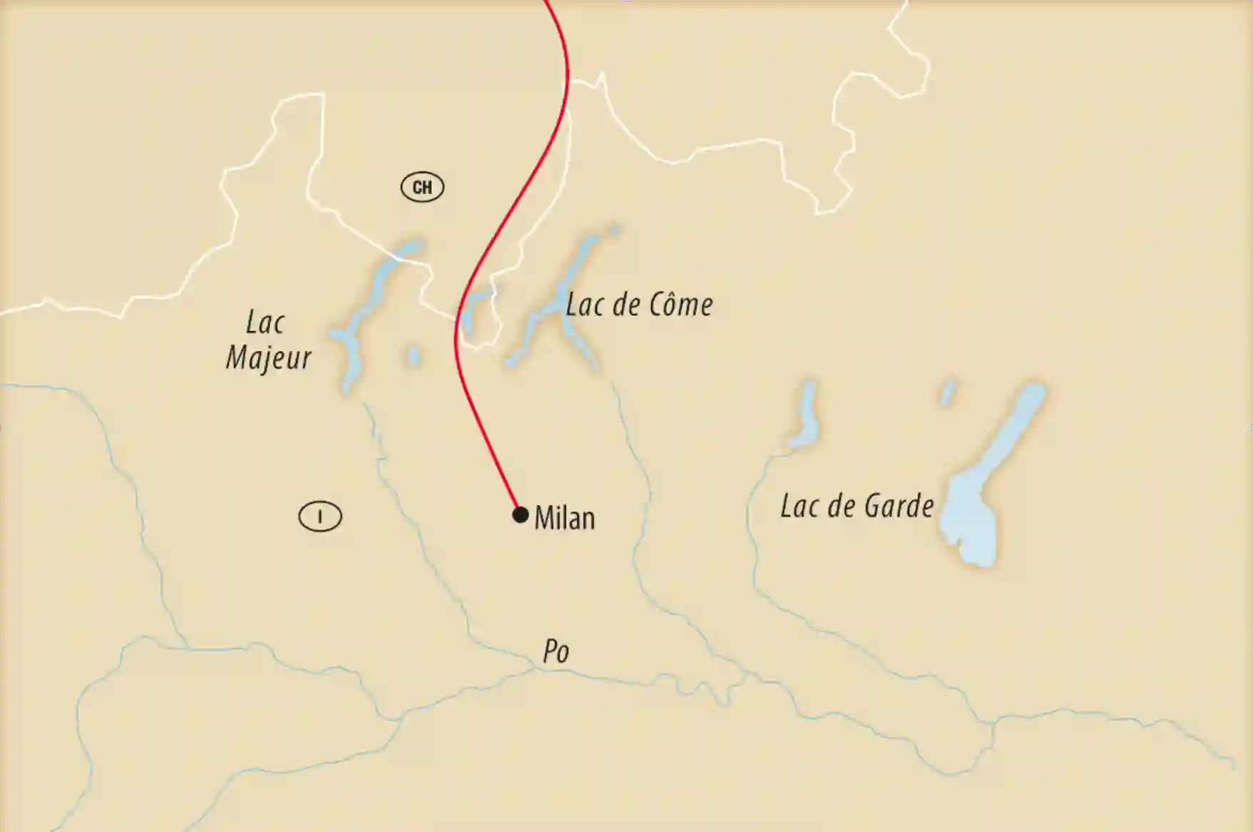 Carte du nord de l’Italie avec itinéraire indiqué depuis Milan ainsi que lacs et villes principales