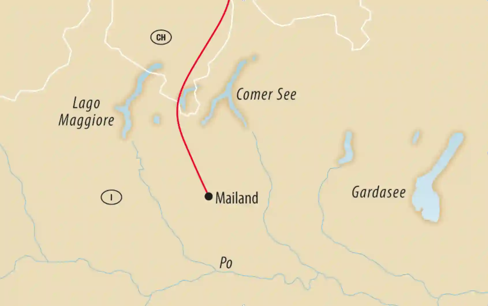 Karte von Norditalien mit eingezeichneter Reiseroute ab Mailand sowie Seen und wichtigen Orten