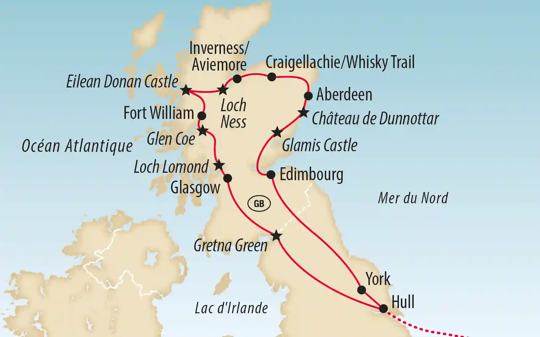 Carte de la Scotland présentant un itinéraire de voyage reliant villes, châteaux et paysages