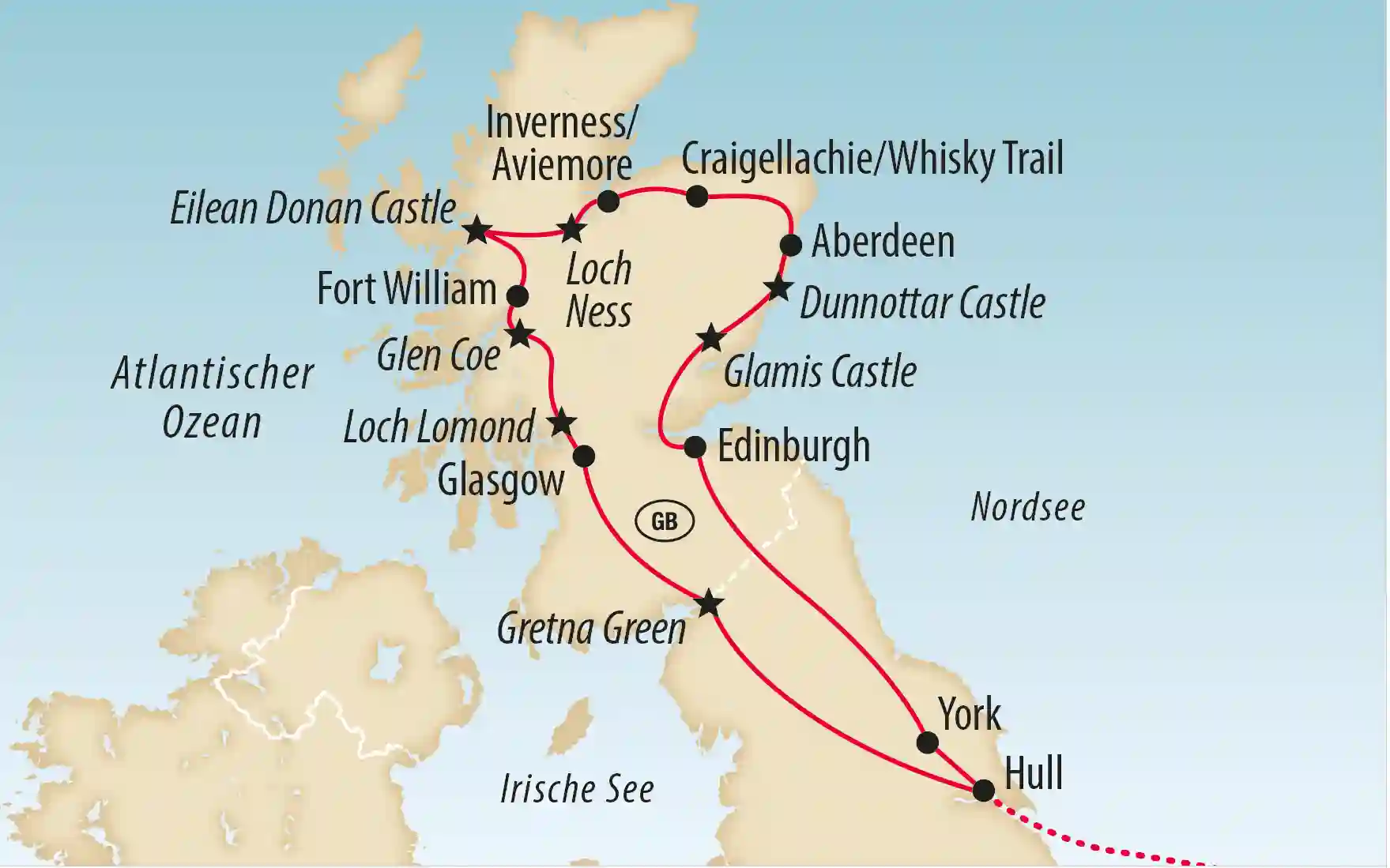 Übersichtskarte von Schottland mit eingezeichneter Rundreise zu Städten, Schlössern und Landschaften