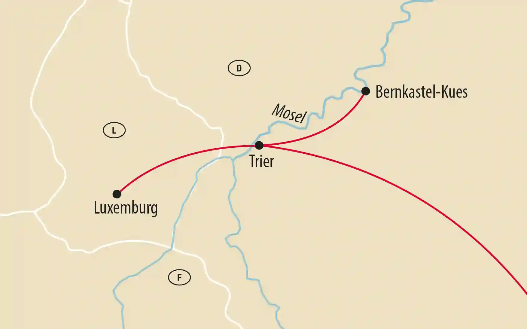 Übersichtskarte der Reiseroute entlang der Mosel mit Stationen in Luxemburg, Trier und Bernkastel-Kues