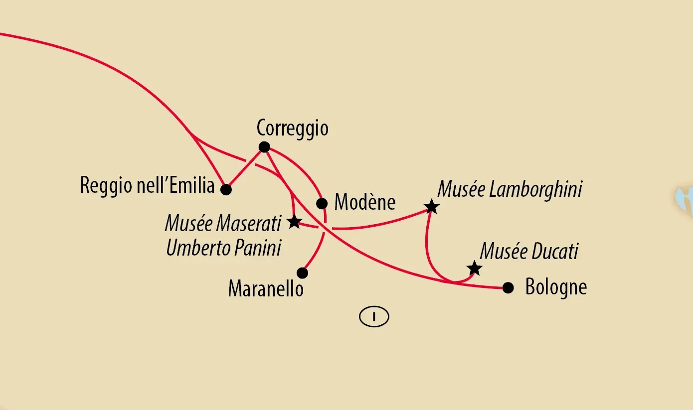 Carte de la Motor Valley italienne avec villes et musées automobiles indiqués