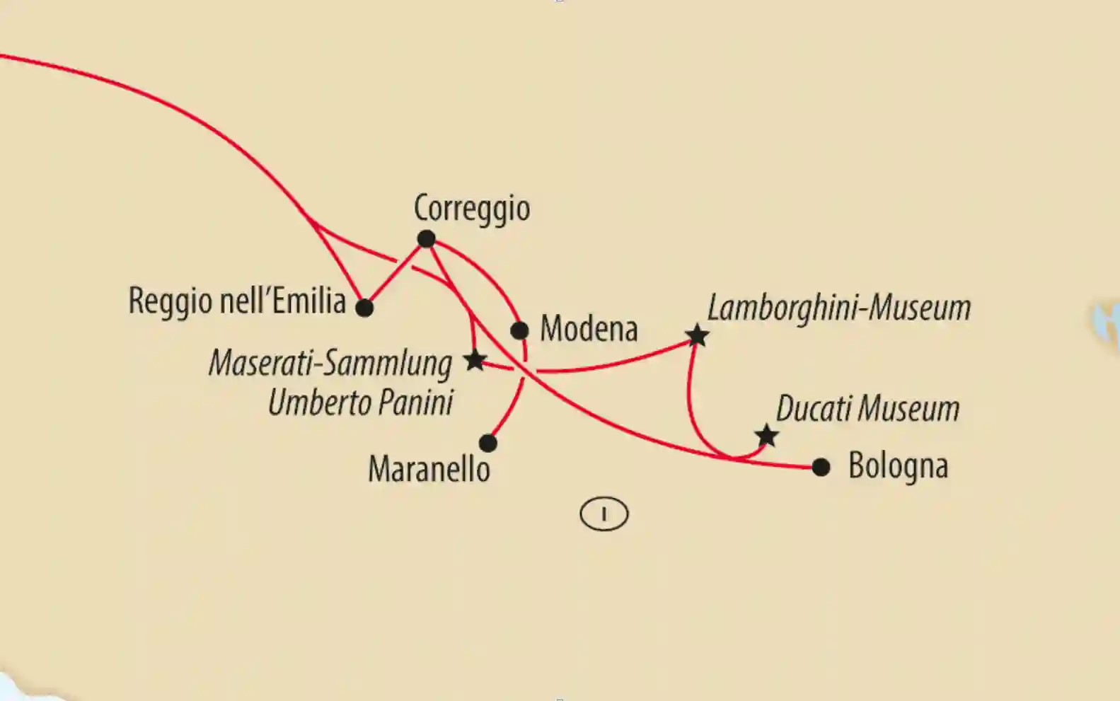 Übersichtskarte der italienischen Motorregion mit markierten Städten und Museen