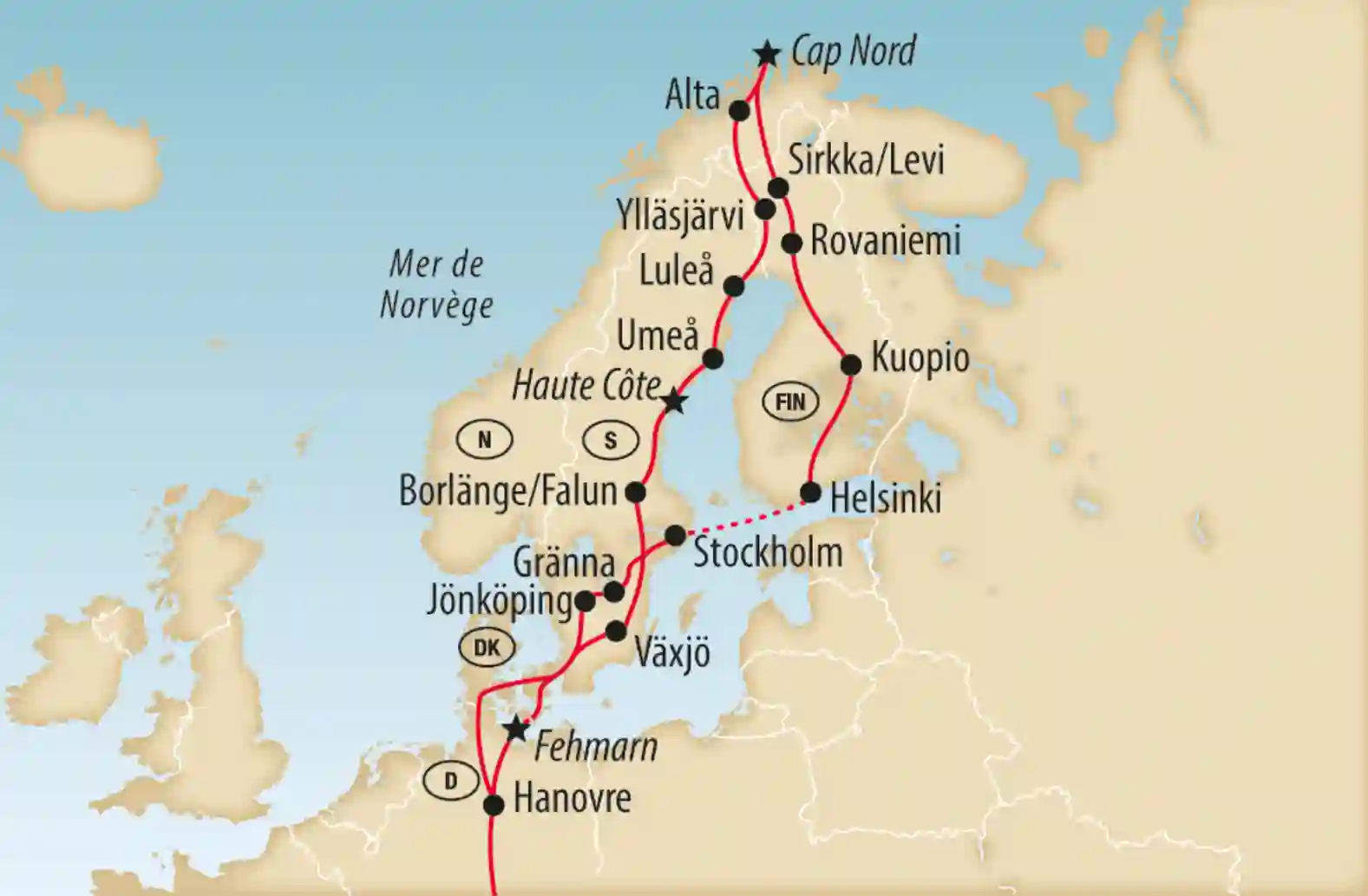 Carte de voyage en Scandinavie de lAllemagne à la Suède et la Finlande jusquau Cap Nord