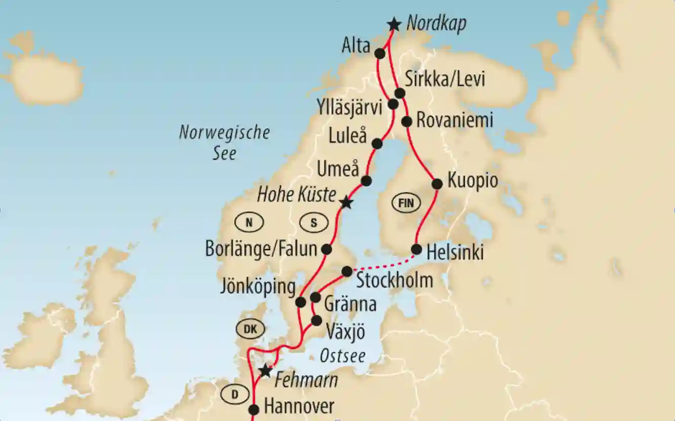 Übersichtskarte einer Skandinavienreise von Deutschland über Schweden und Finnland bis zum Nordkap