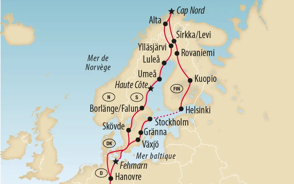 Carte de voyage en Scandinavie de lAllemagne à la Suède et la Finlande jusquau Cap Nord