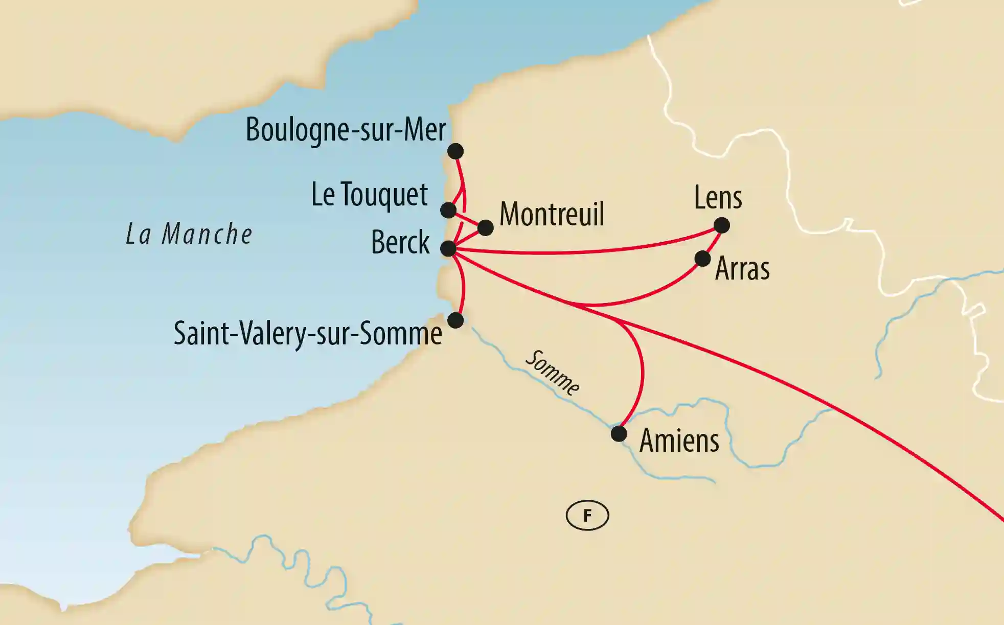 Carte du nord de la France montrant les villes et itinéraires le long de la côte