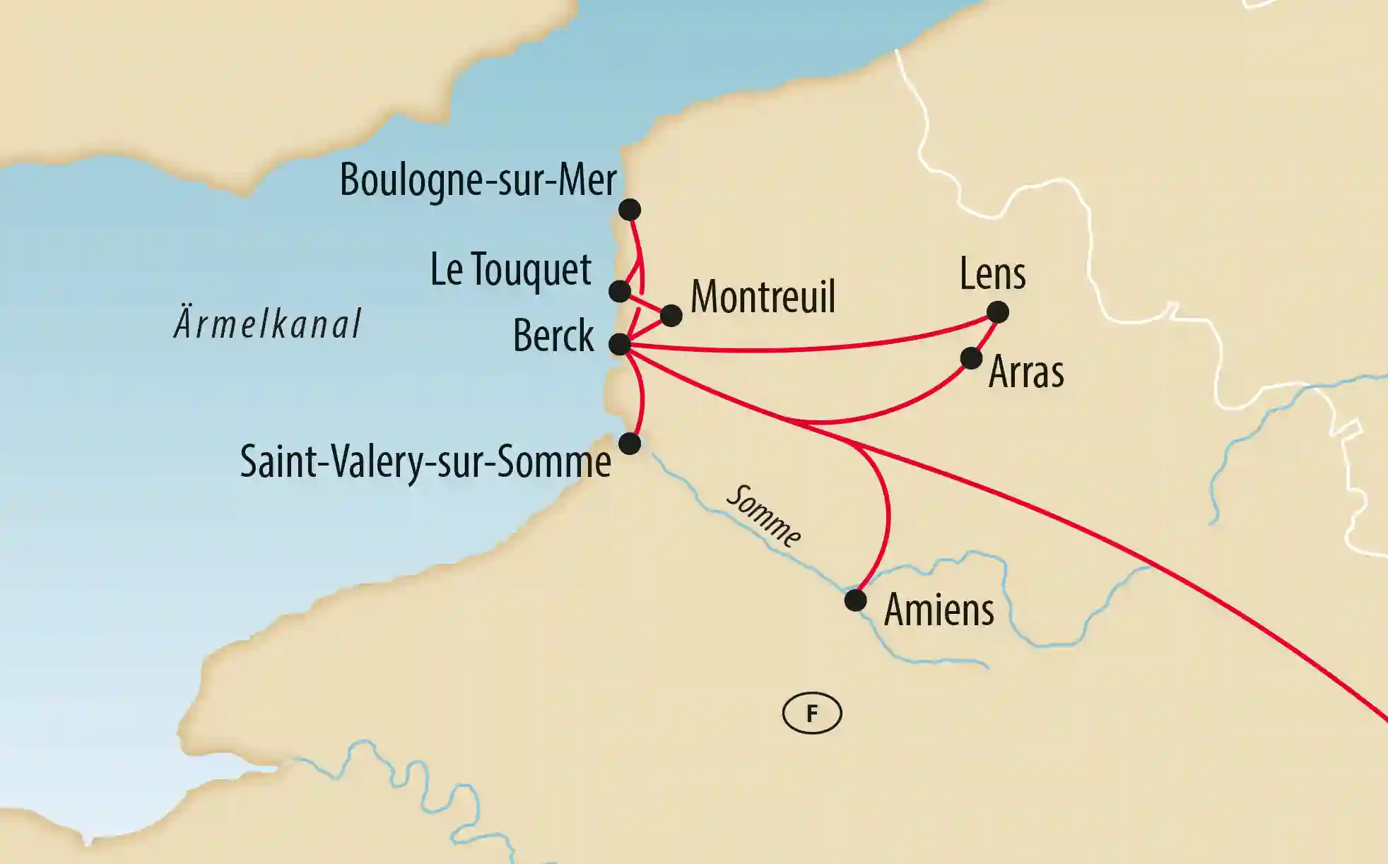 Übersichtskarte von Nordfrankreich mit markierten Orten entlang der Kanalküste