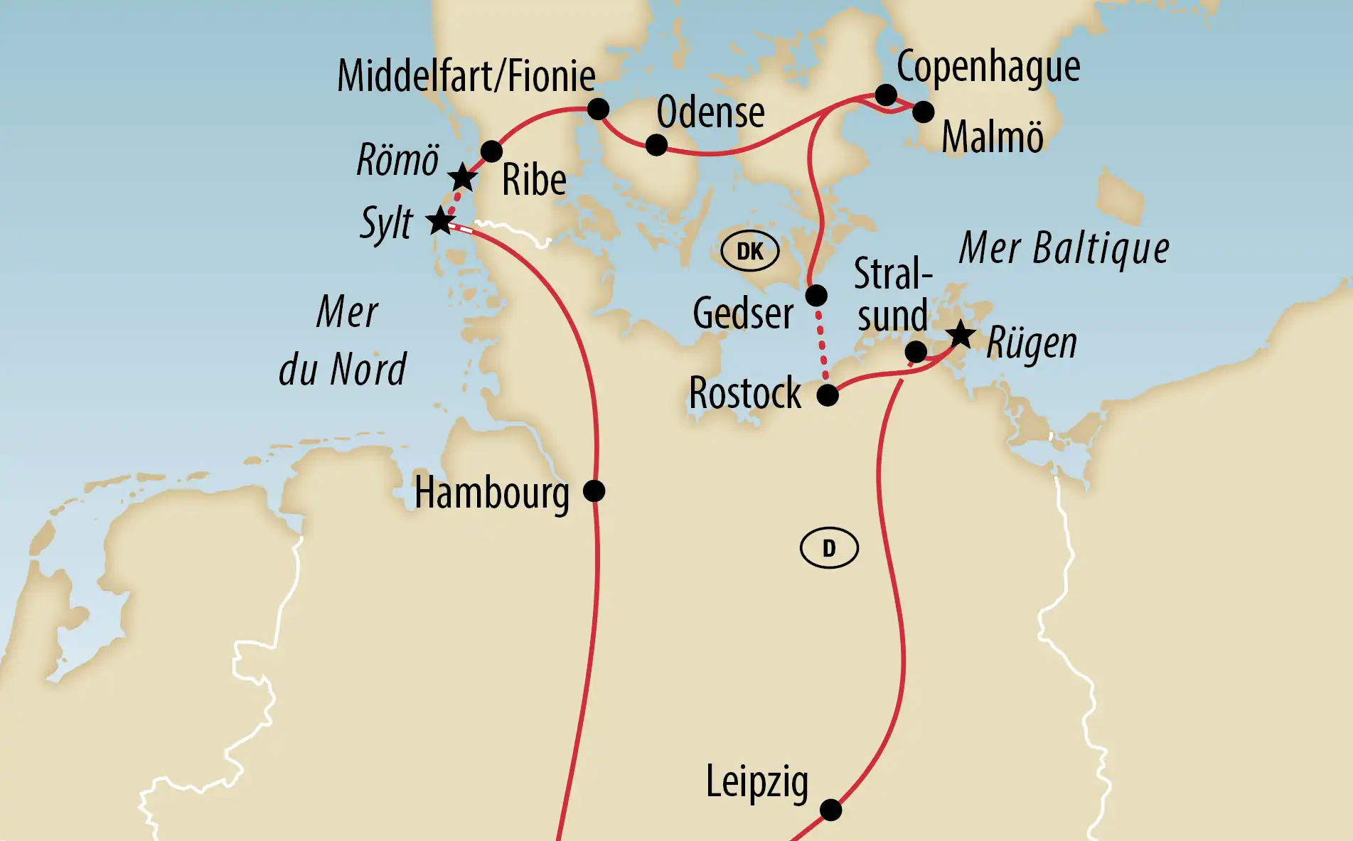 Carte du parcours de voyage le long de la mer du Nord et de la Baltique