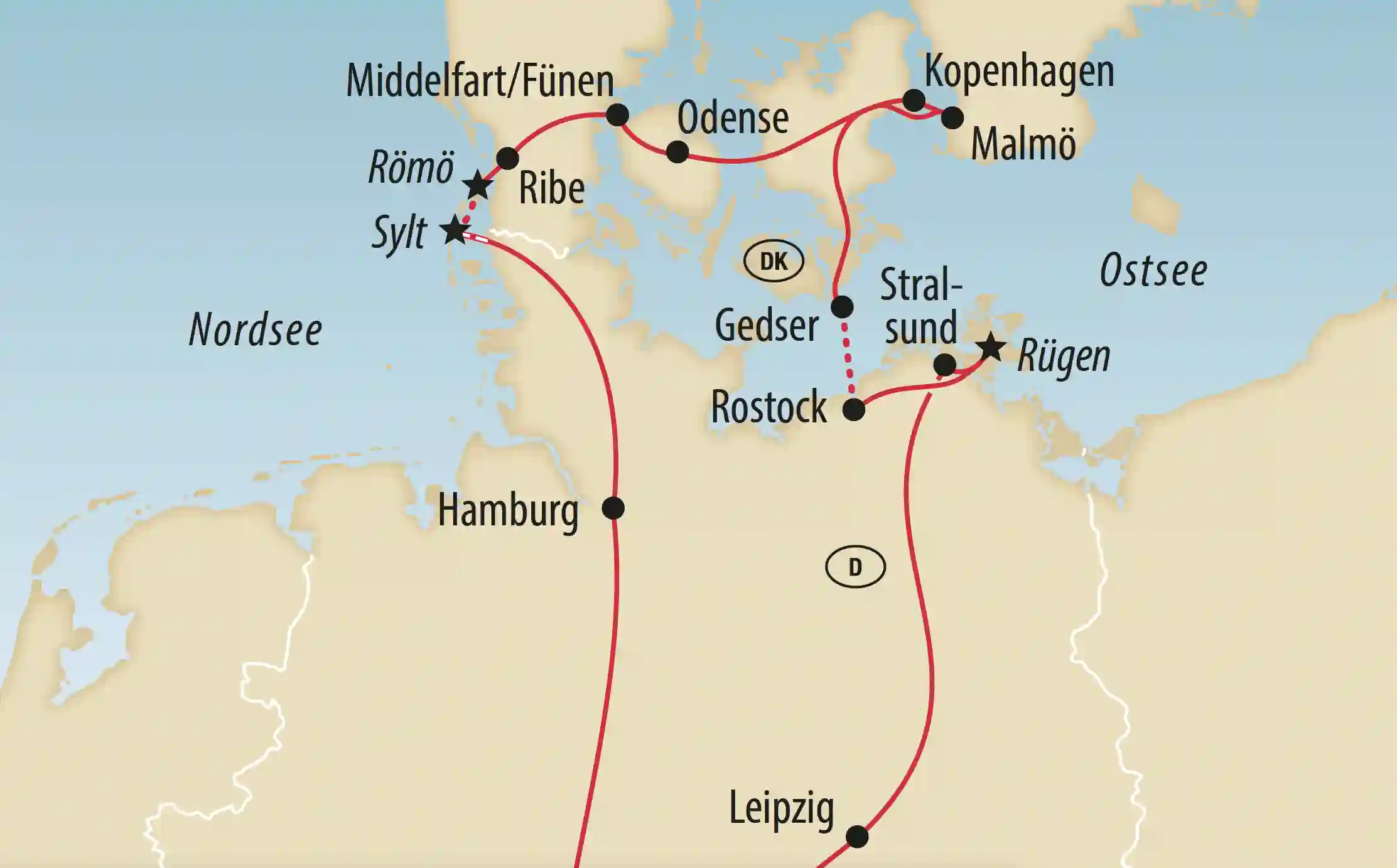Übersichtskarte einer Rundreise entlang von Nordmeer und Ostsee