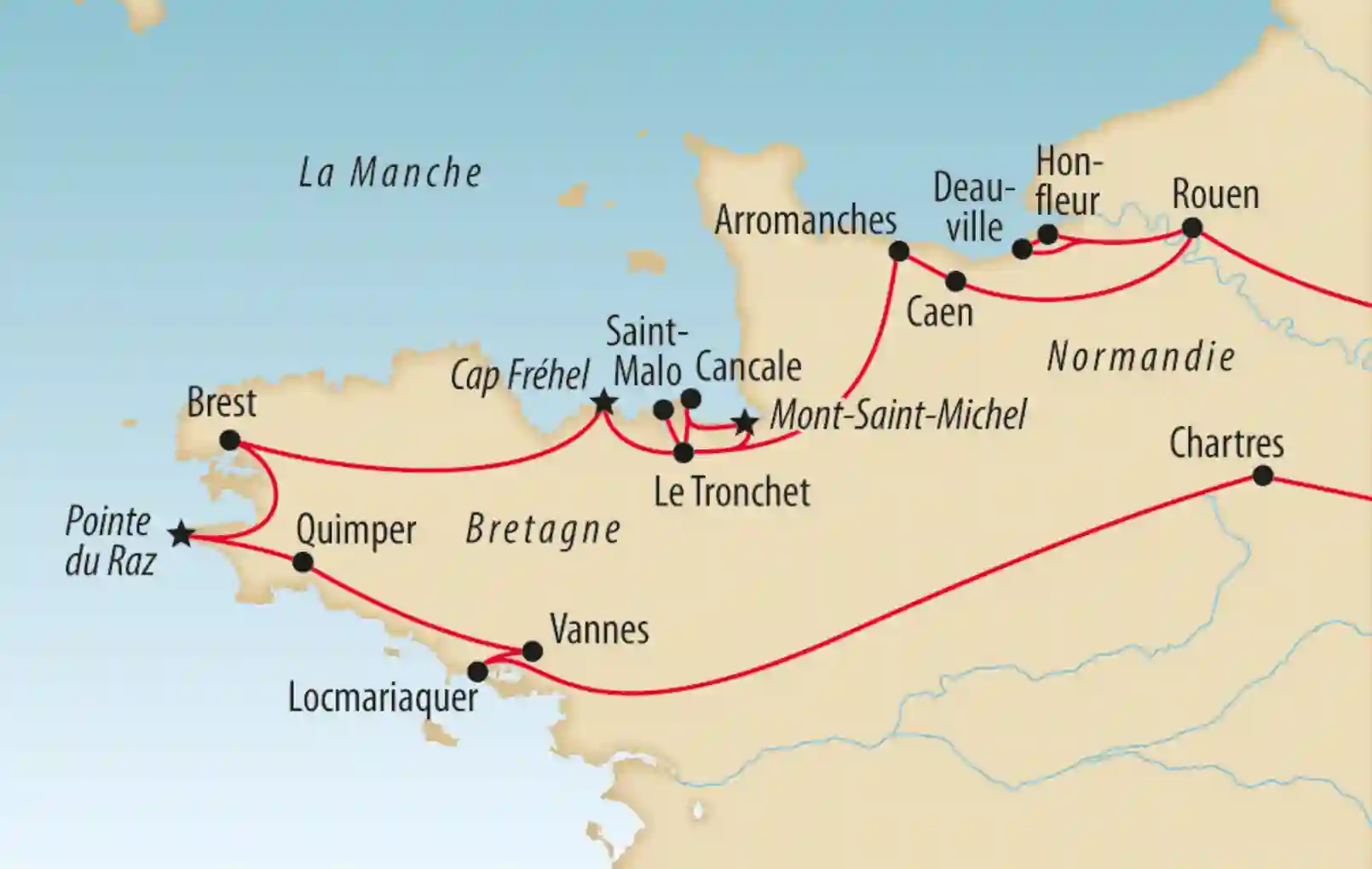 Carte montrant un itinéraire de voyage en Bretagne et en Normandie avec villes indiquées