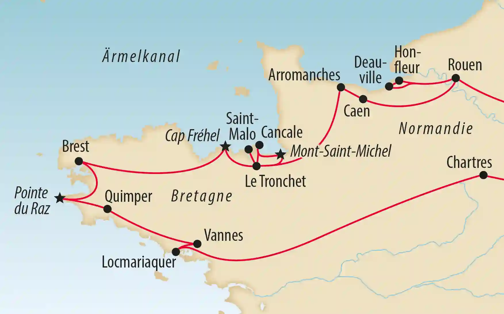 Karte mit Reiseroute durch die Bretagne und die Normandie mit markierten Städten