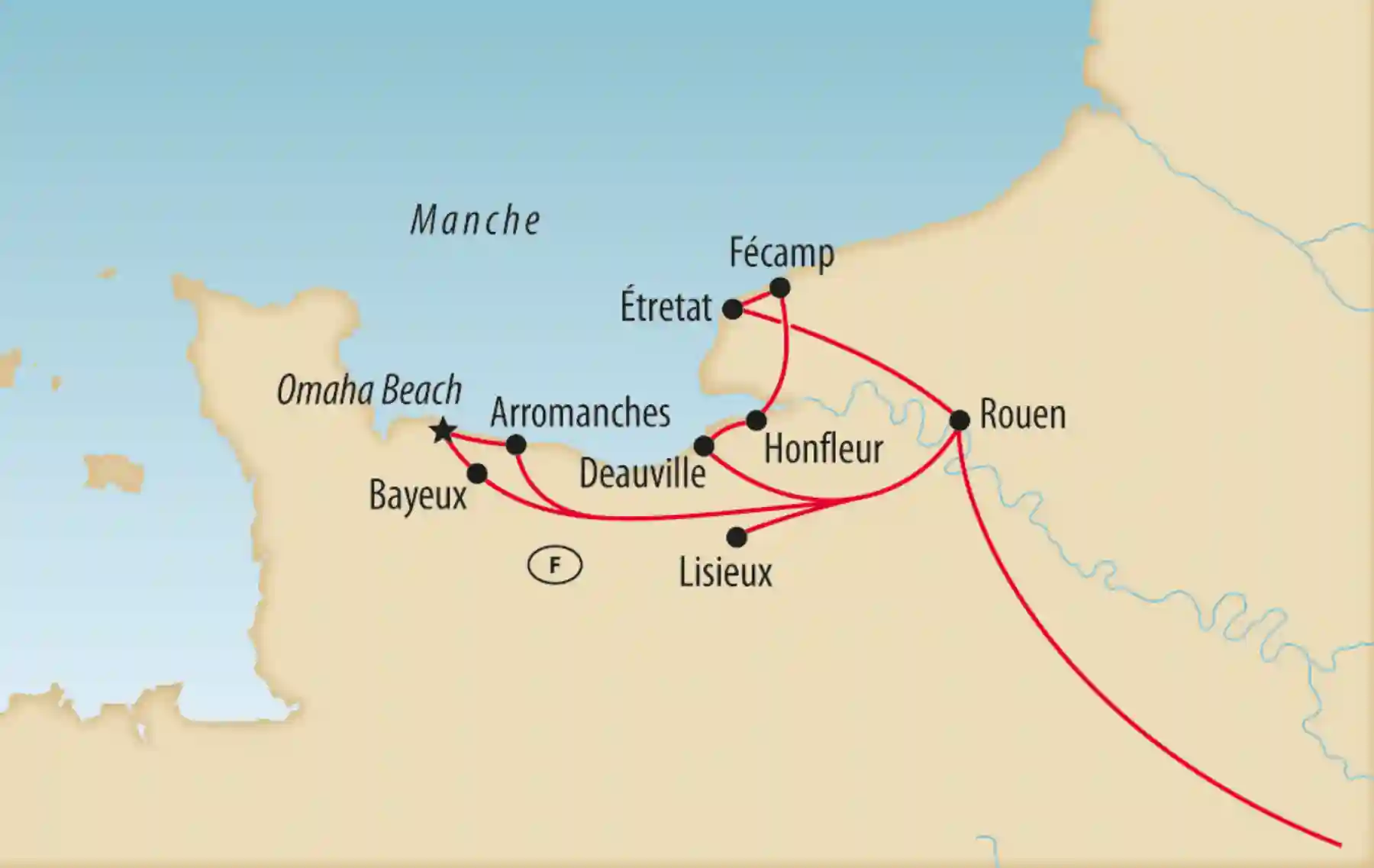 Carte détaillée de la Normandie avec côte, localités et circuit indiqué
