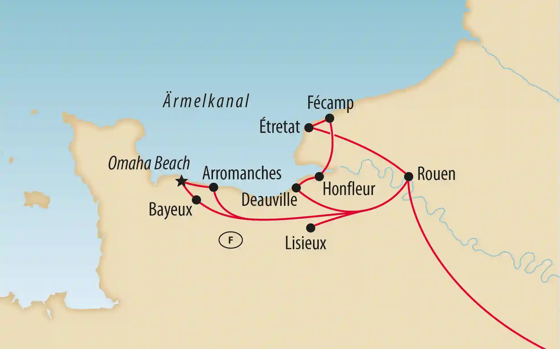 Übersichtskarte der Normandie mit markierter Reiseroute und Städten
