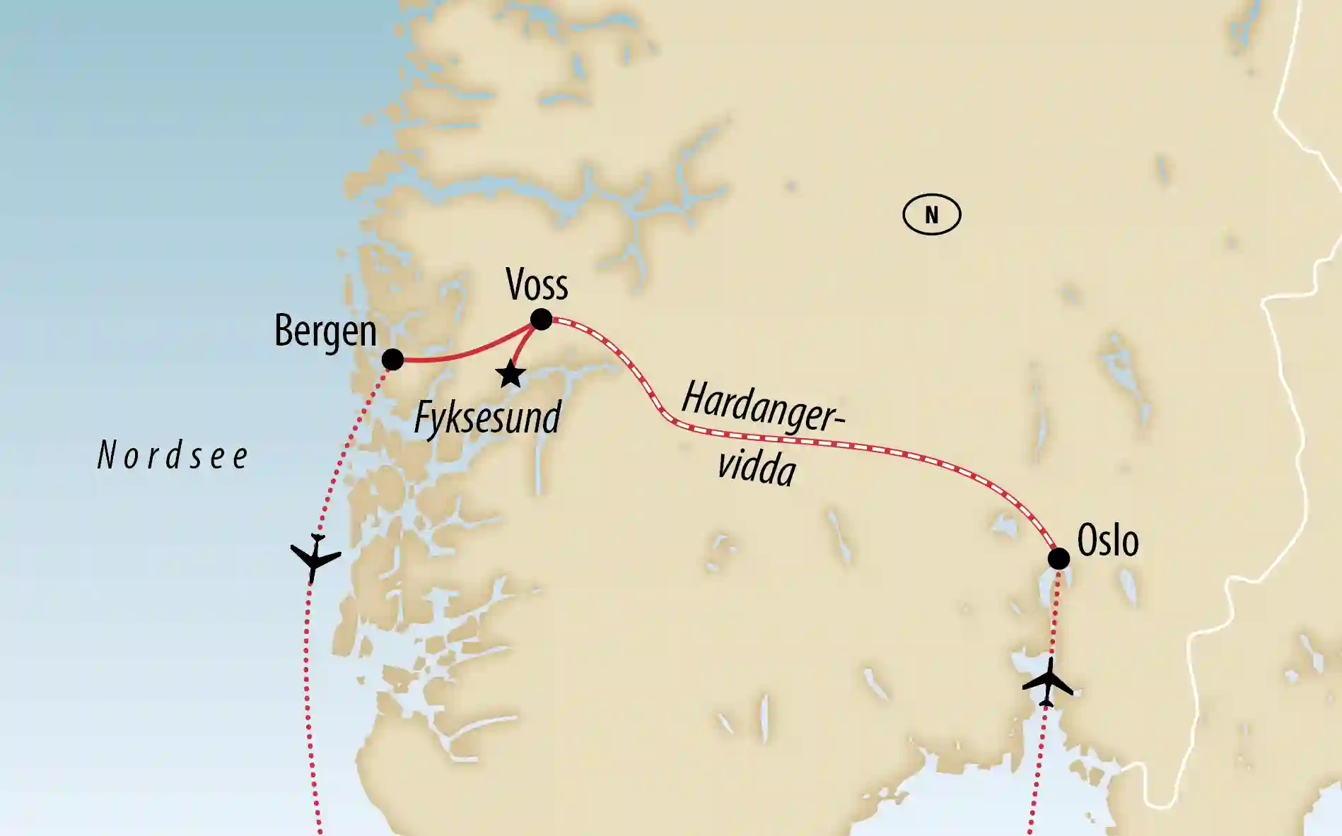Karte von Suednorwegen mit Reiseroute von Oslo nach Bergen u über eber Voss, Fykseund und Hardangervidda, markiert mit Punkten und Linie.