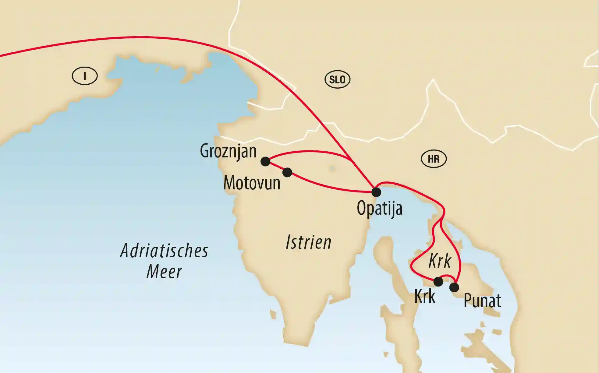 Karte von Istrien und der Insel Krk mit markierter Reiseroute und Orten