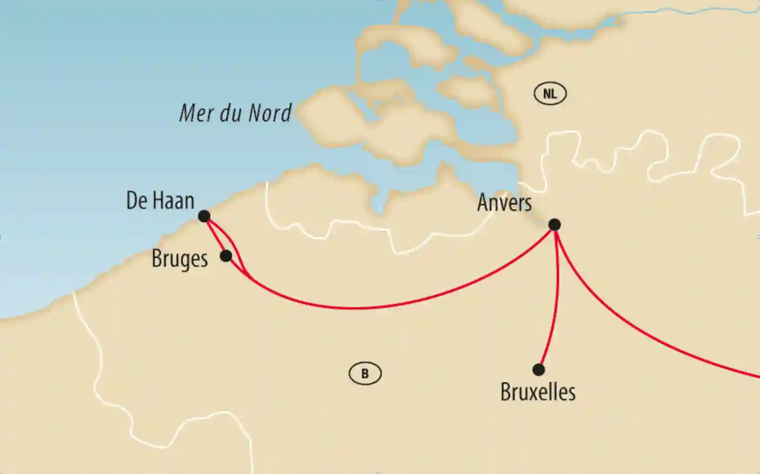Carte de l'itinéraire Benelux avec étapes marquées De Haan, Bruges, Anvers et Bruxelles, reliées par des lignes rouges