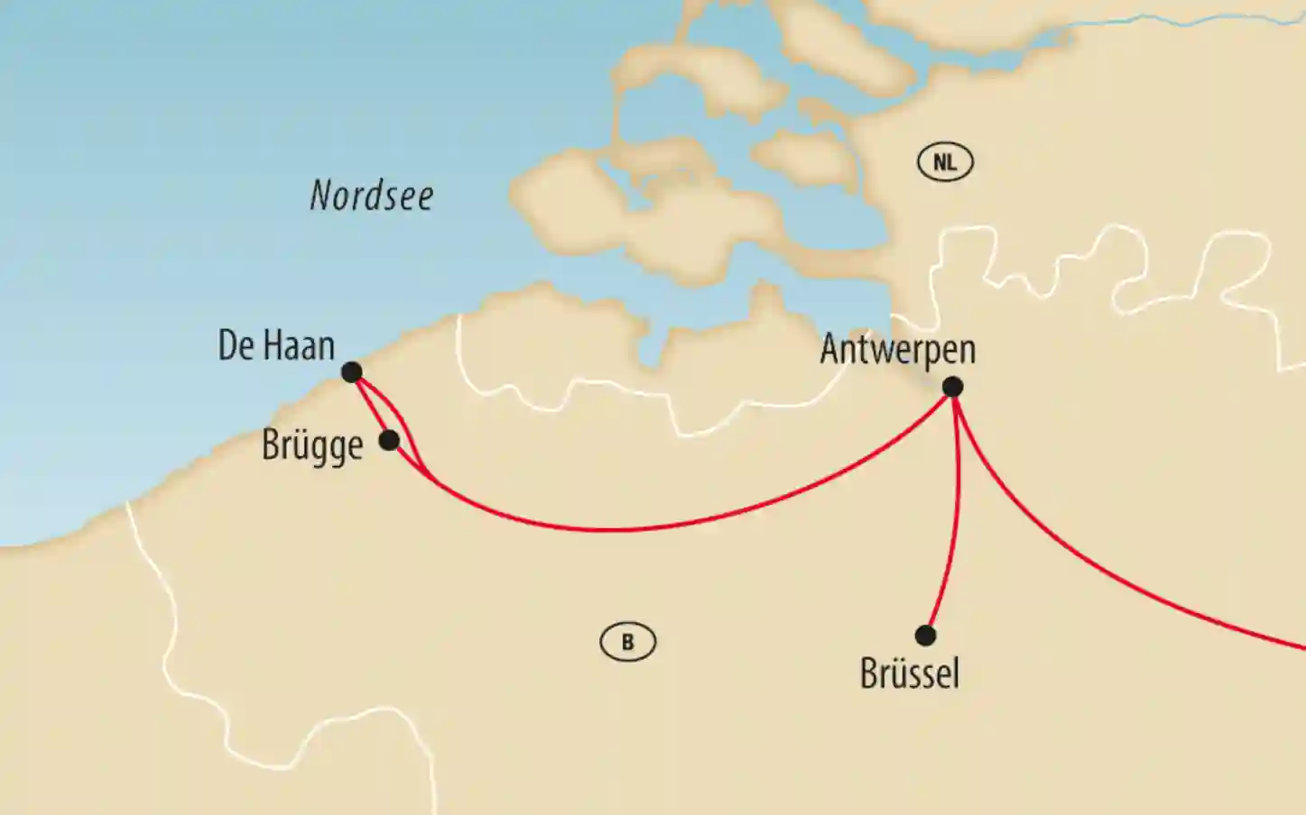 Karte der Benelux-Reiseroute mit markierten Stationen De Haan, Brügge, Antwerpen und Brüssel sowie roten Verbindungslinien
