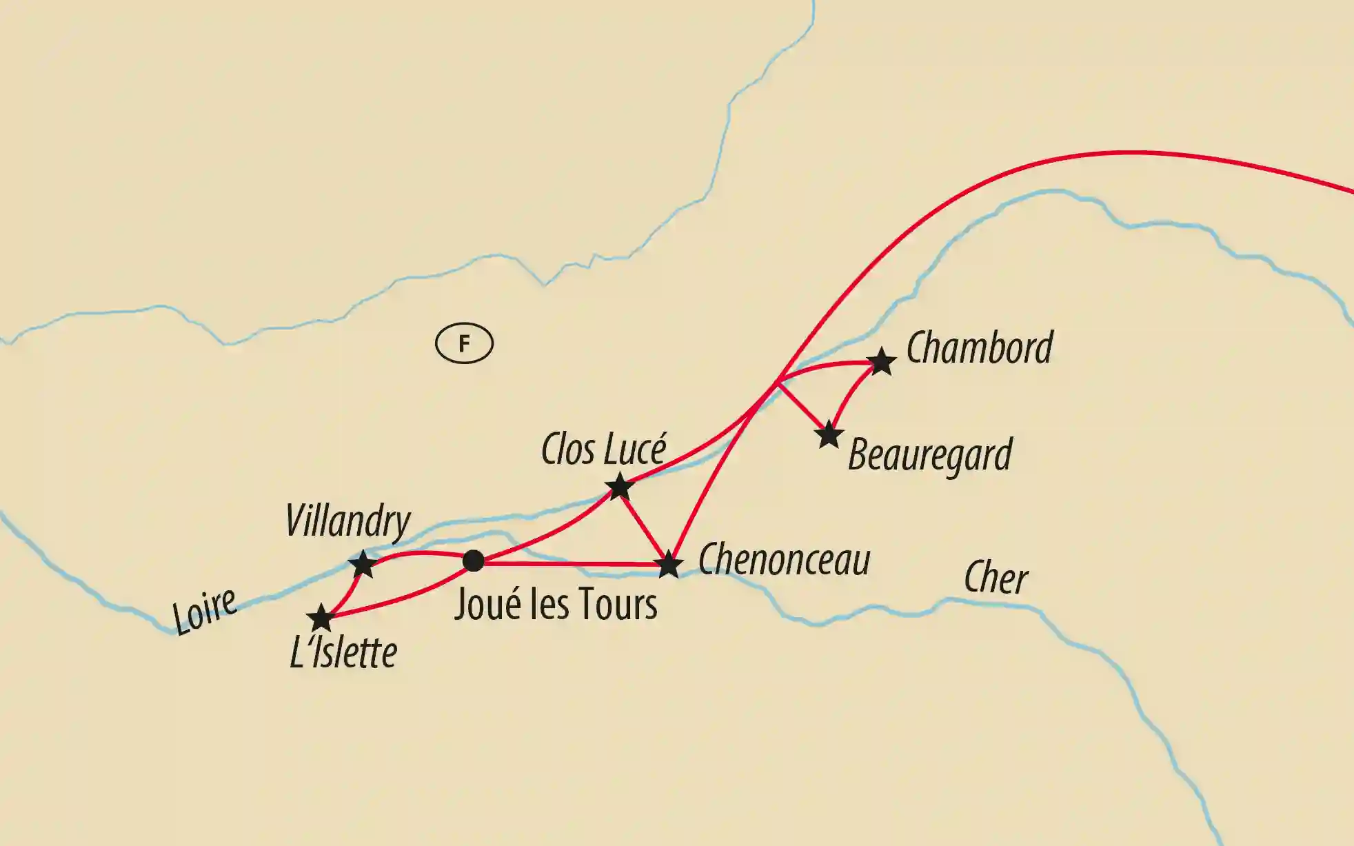 Carte de la région de la Loire montrant des itinéraires depuis Tours vers châteaux et jardins, dont Chambord, Chenonceau, Villandry et le Clos Lucé.