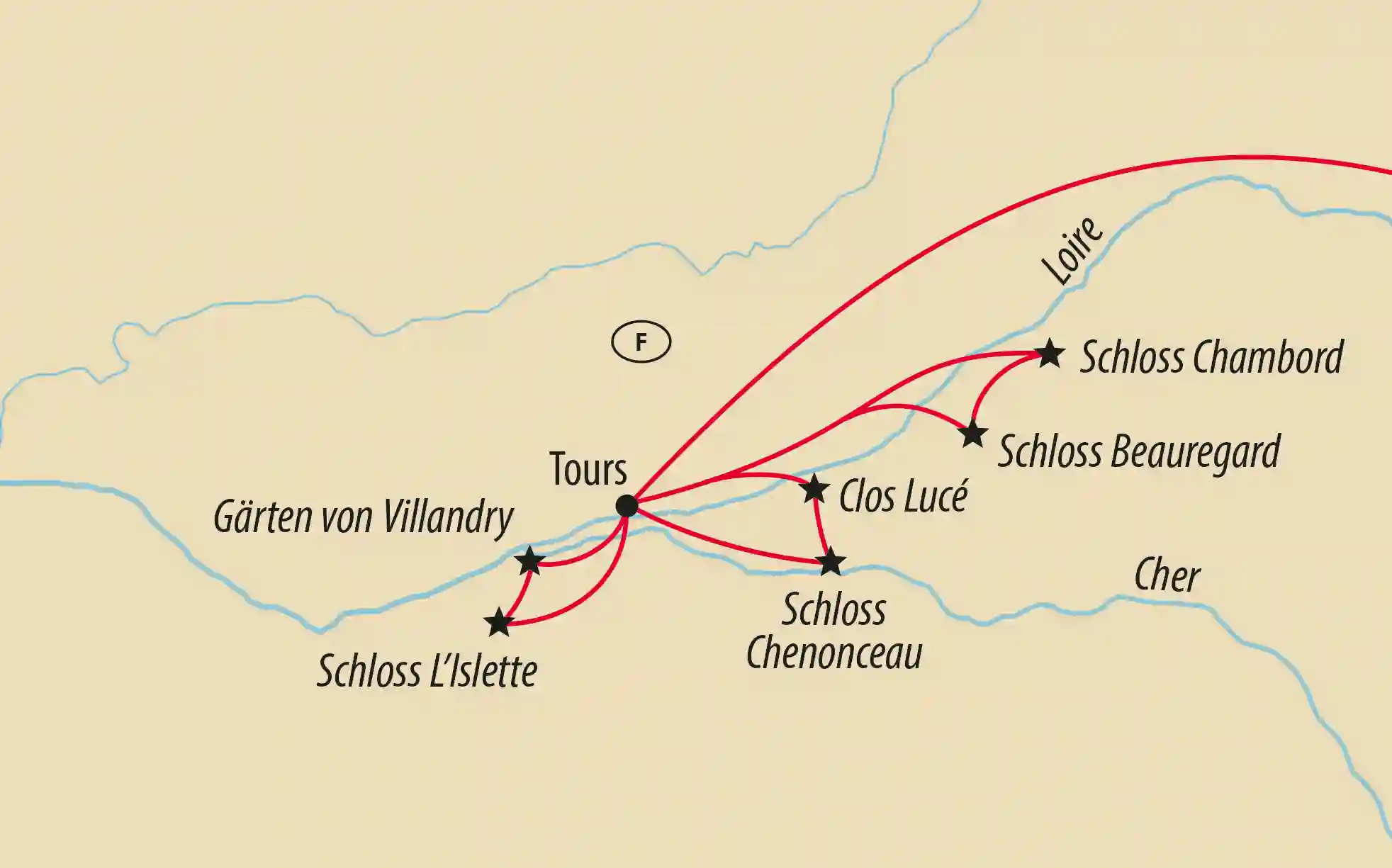 Karte der Loire-Region mit Routen ab Tours zu Schlössern und Gärten, darunter Chambord, Chenonceau, Villandry und Clos Lucé.