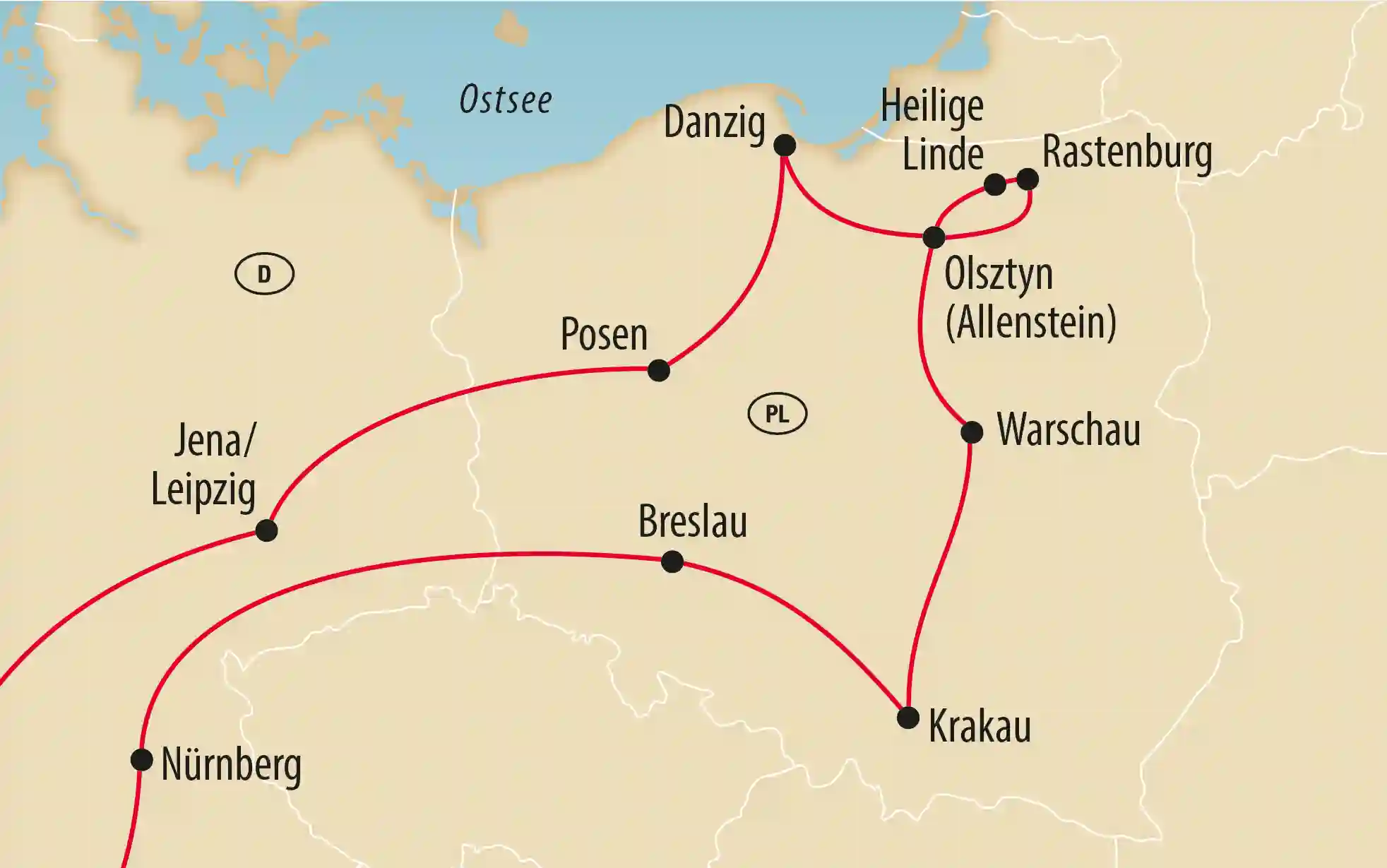 Karte einer Reiseroute durch Osteuropa mit markierten Städten wie Danzig Warschau Krakau und Posen