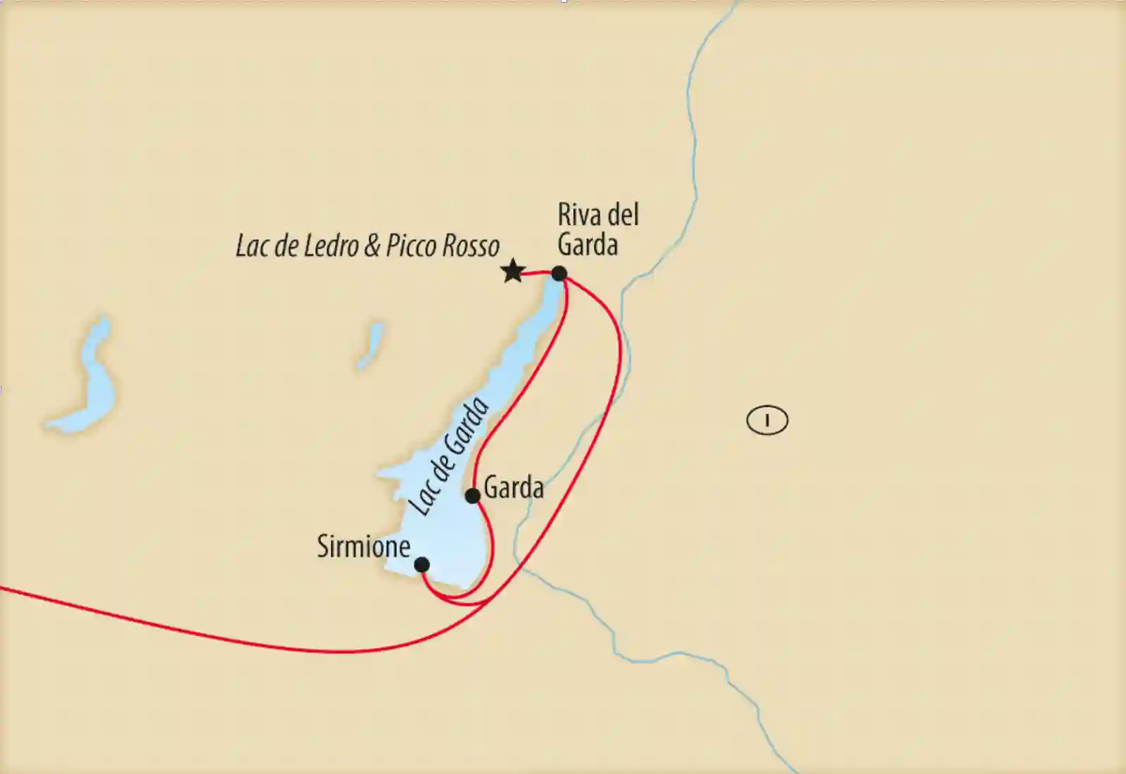 Carte montrant un itinéraire de voyage autour du lac de Garde avec des étapes à Riva del Garda, Garda et Sirmione ainsi qu une excursion vers le lac de Ledro