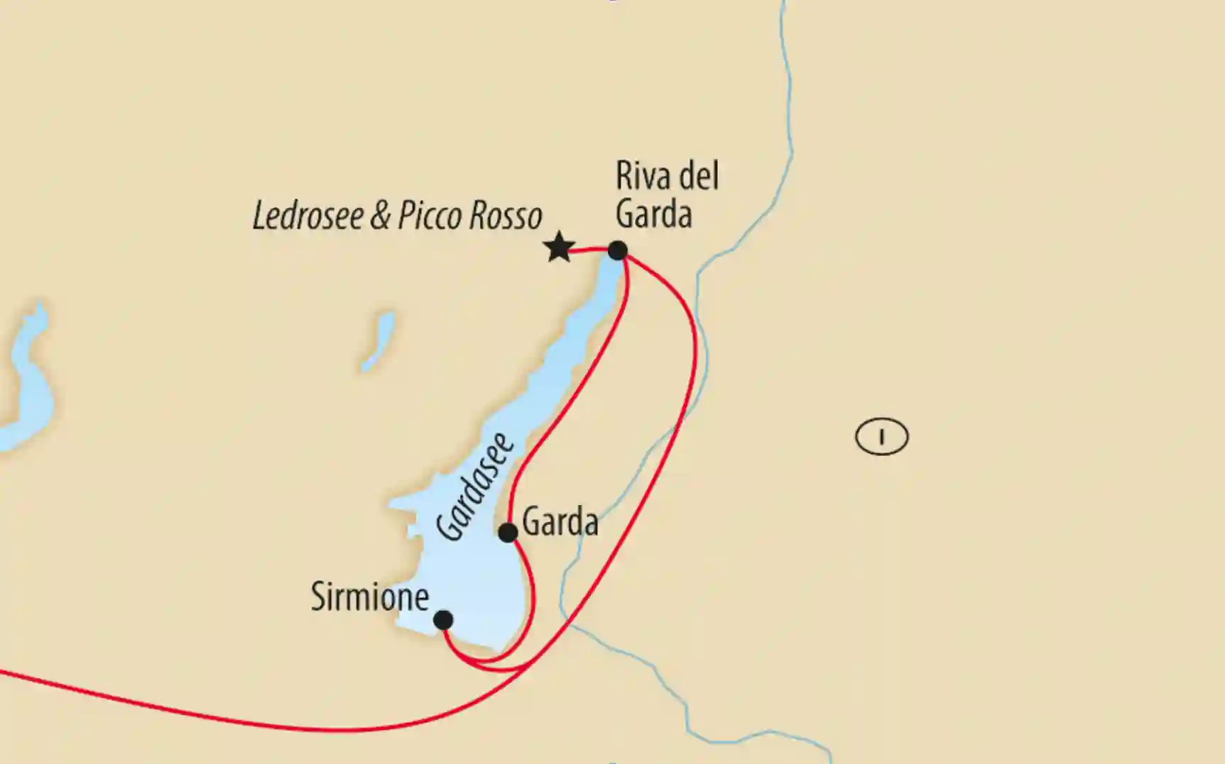 Karte mit Reiseroute rund um den Gardasee mit Stationen in Riva del Garda, Garda und Sirmione sowie Abstecher zum Ledrosee