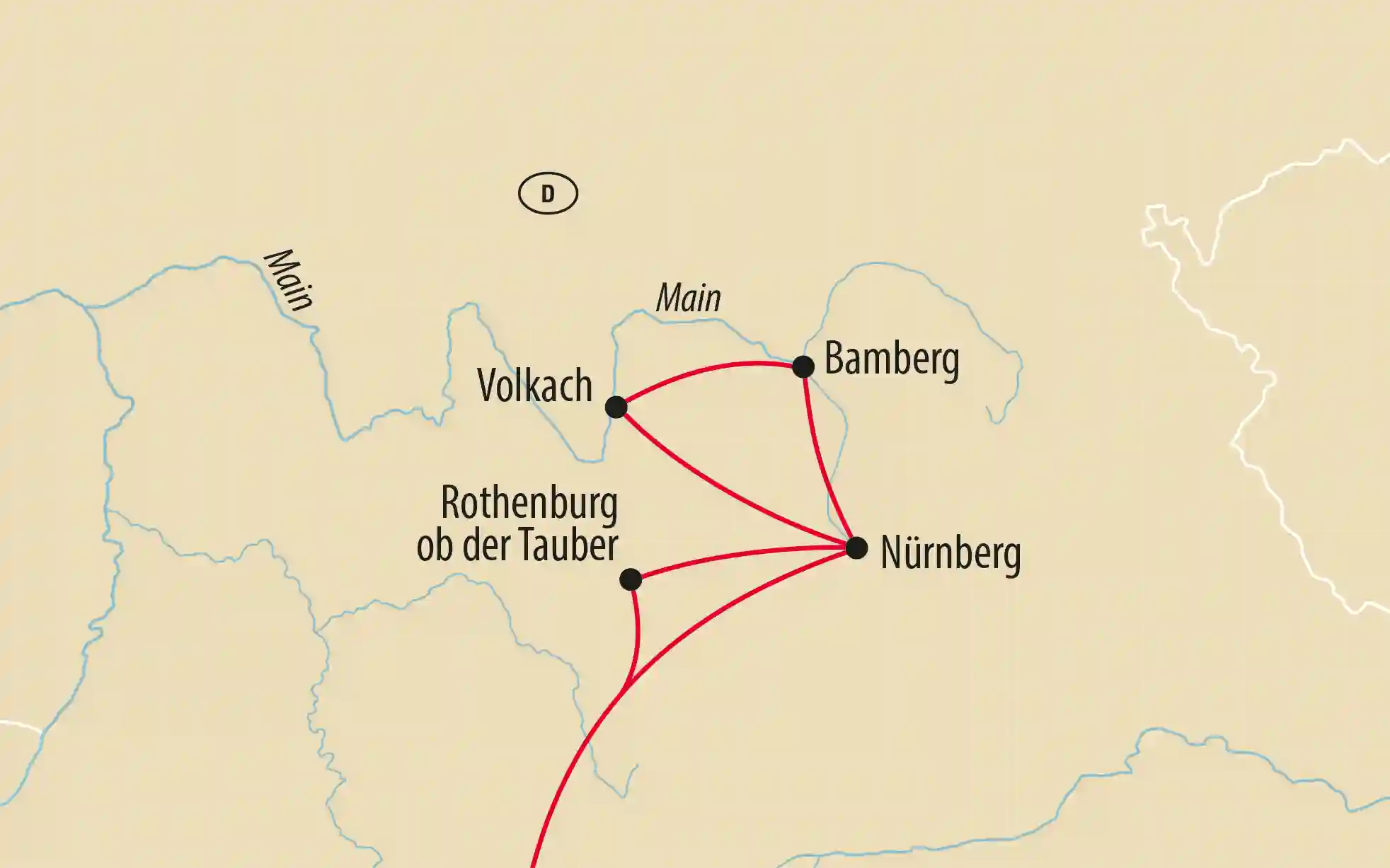 Übersichtskarte mit Reiseroute durch Franken mit Nürnberg, Bamberg und Rothenburg ob der Tauber