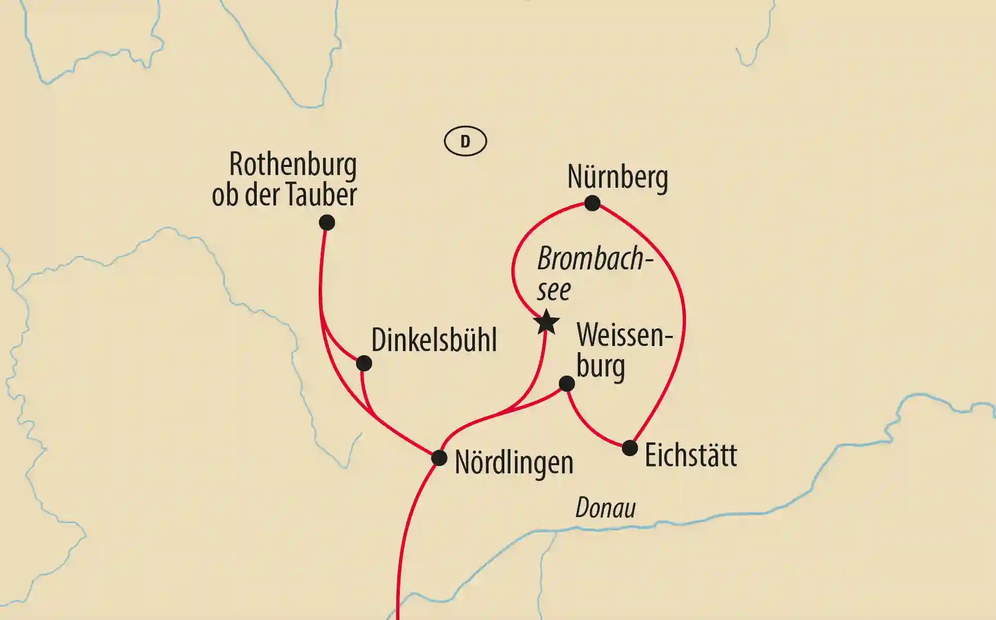 Übersichtskarte von Franken und Bayerisch Schwaben mit Reiseroute zu Rothenburg ob der Tauber, Nördlingen und Brombachsee
