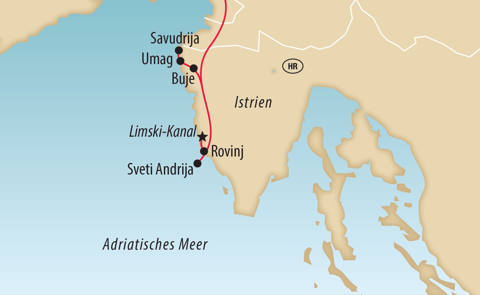 Karte von Istrien mit markierter Reiseroute entlang der Adriaküste und wichtigen Stationen