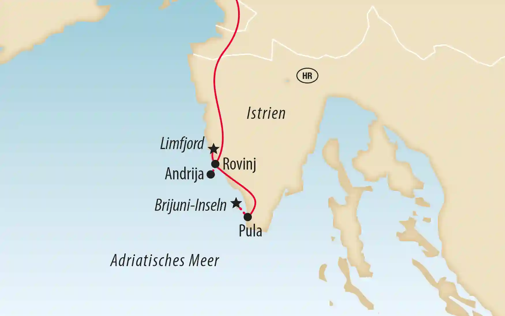 Karte von Istrien mit markierter Reiseroute entlang der Adriaküste und wichtigen Stationen