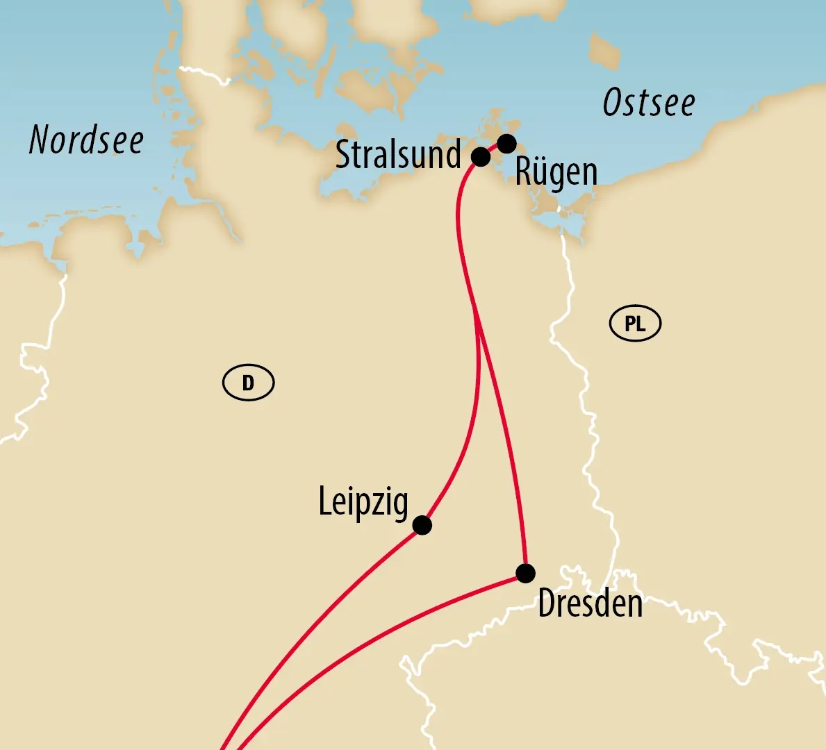 Deutsch: Karte von Ostdeutschland mit der markierten Route zwischen Leipzig, Dresden, Stralsund und Rügen