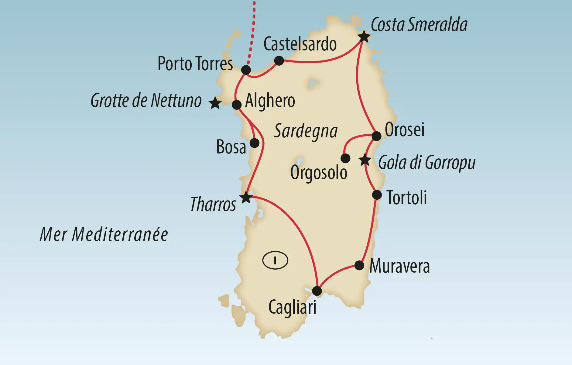 Carte d'un itinéraire de voyage en Sardaigne avec des étapes à Porto Torres, Castelsardo, Alghero, Bosa, Tharros, Cagliari, Muravera, Tortoli, Orosei et Orgosolo ainsi que des excursions vers la Costa Smeralda, la Gola di Gorropu et la Grotte di Nettuno