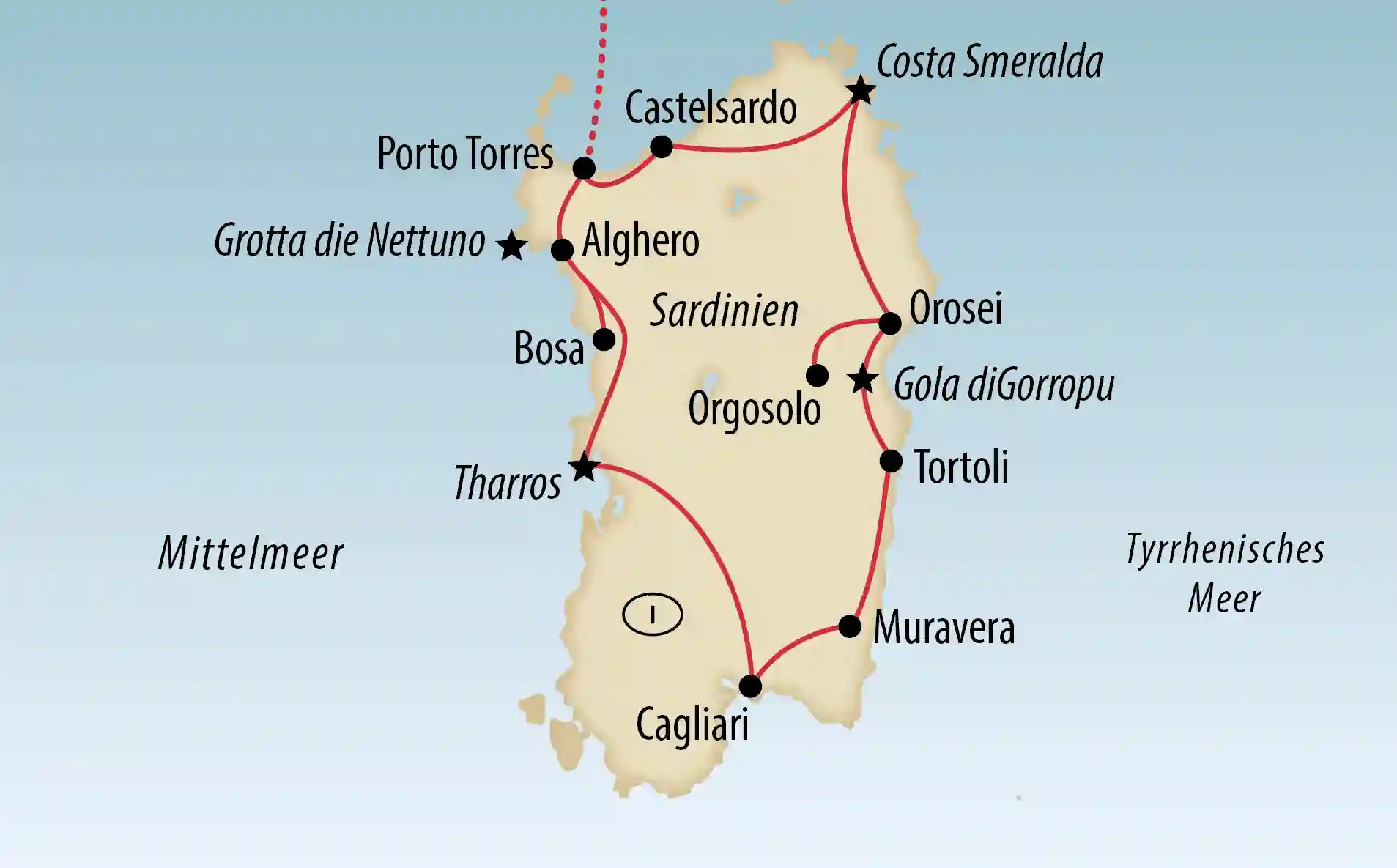 Übersichtskarte von Sardinien mit Reiseroute und markierten Orten wie Alghero, Cagliari und Costa Smeralda