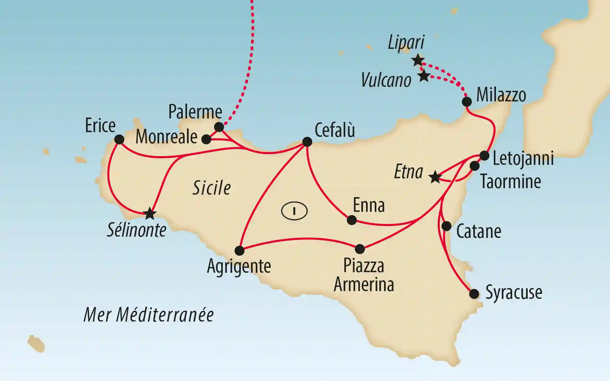 Carte de la Sicile avec itinéraire de voyage et villes comme Palerme Taormina et Etna