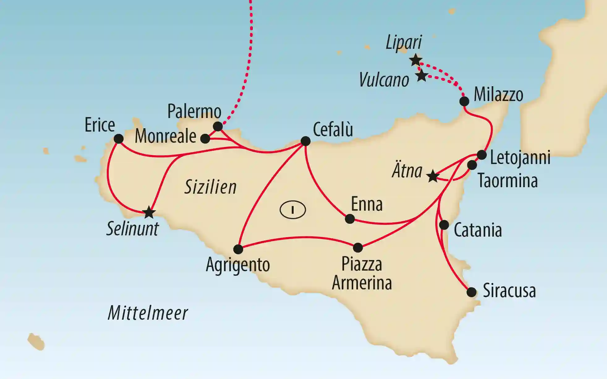 Karte von Sizilien mit markierter Reiseroute und Orten wie Palermo Taormina und Ätna